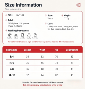 Woman's Yoga &Pilates Shorts size chart