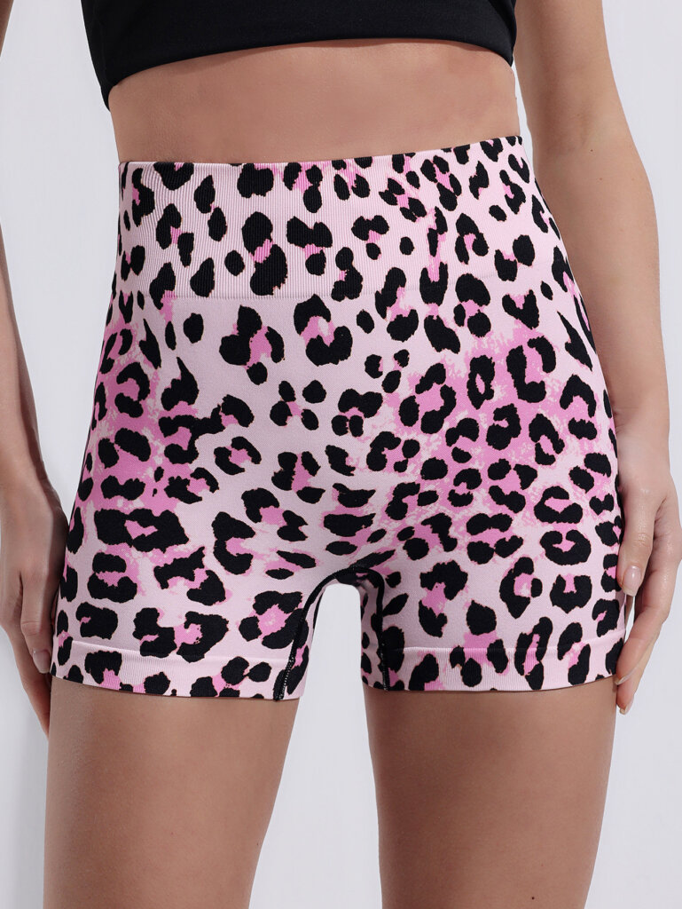 Plus-size pink leopard print yoga shorts