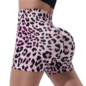Plus-size pink leopard print yoga shorts
